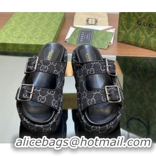 Good Quality Gucci GG Denim Platform Slides Sandal 5.5cm with Buckle Strap Black 05042