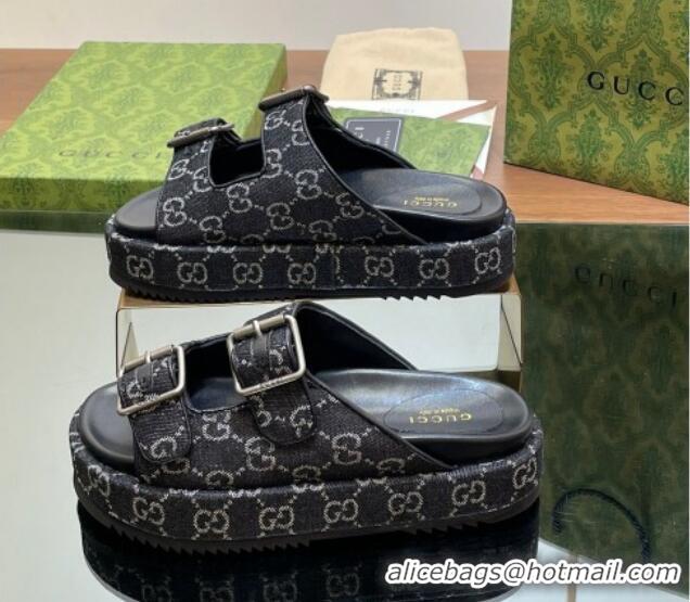 Good Quality Gucci GG Denim Platform Slides Sandal 5.5cm with Buckle Strap Black 05042