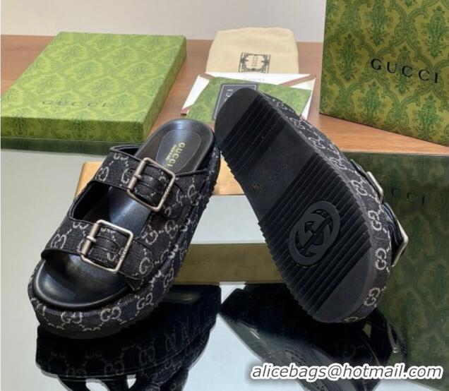 Good Quality Gucci GG Denim Platform Slides Sandal 5.5cm with Buckle Strap Black 05042