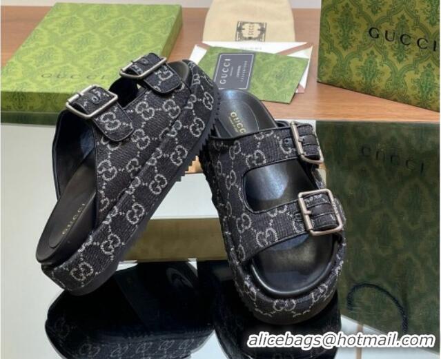 Good Quality Gucci GG Denim Platform Slides Sandal 5.5cm with Buckle Strap Black 05042