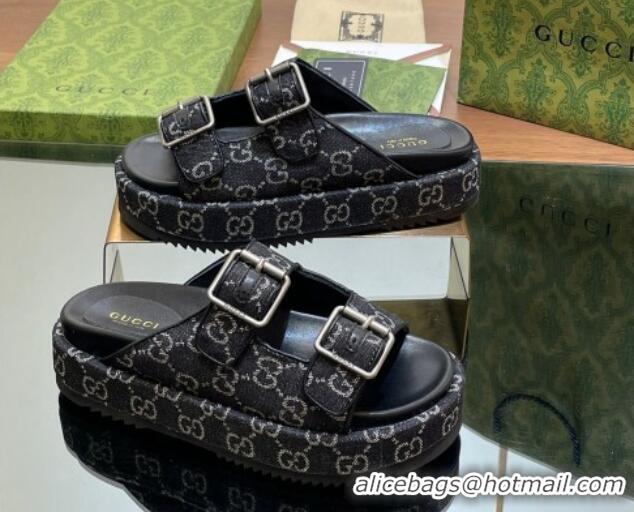 Good Quality Gucci GG Denim Platform Slides Sandal 5.5cm with Buckle Strap Black 05042