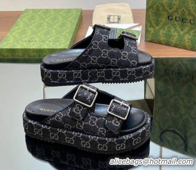 Good Quality Gucci GG Denim Platform Slides Sandal 5.5cm with Buckle Strap Black 05042