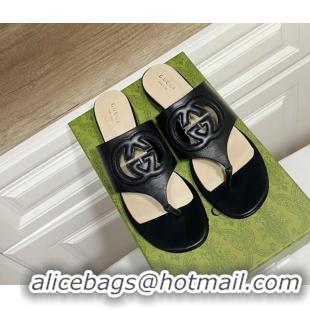 Grade Quality Gucci Leather Flat Thong Slide Sandals with Cutout Interlocking G Black 605043