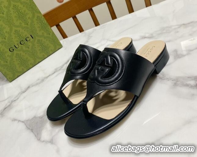 Grade Quality Gucci Leather Flat Thong Slide Sandals with Cutout Interlocking G Black 605043