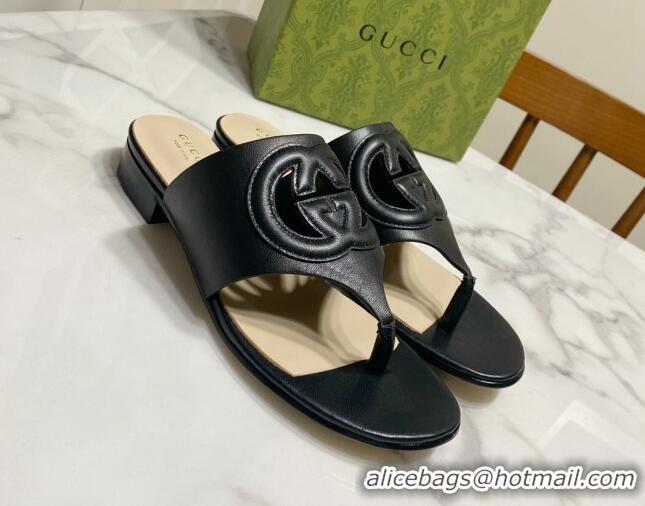 Grade Quality Gucci Leather Flat Thong Slide Sandals with Cutout Interlocking G Black 605043