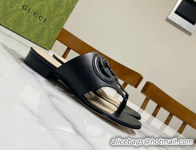 Grade Quality Gucci Leather Flat Thong Slide Sandals with Cutout Interlocking G Black 605043