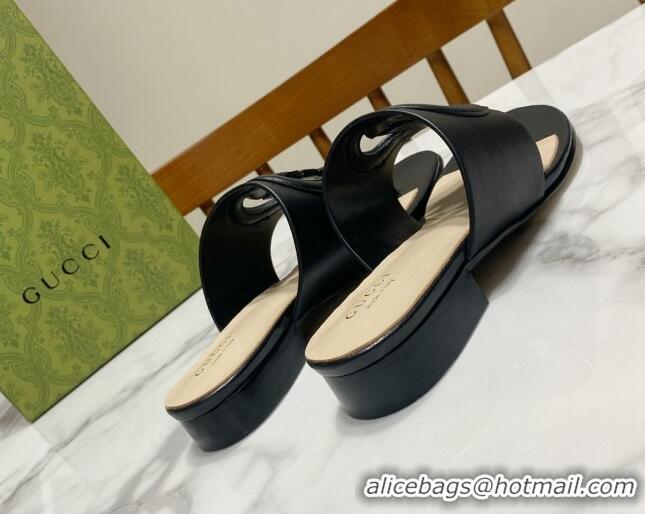 Grade Quality Gucci Leather Flat Thong Slide Sandals with Cutout Interlocking G Black 605043