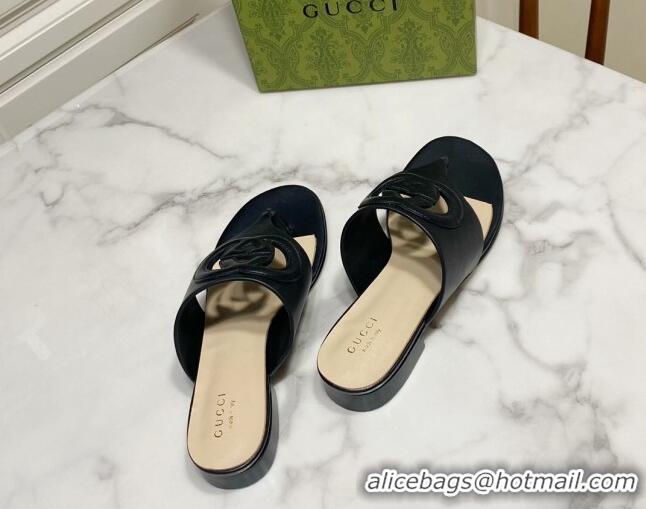 Grade Quality Gucci Leather Flat Thong Slide Sandals with Cutout Interlocking G Black 605043