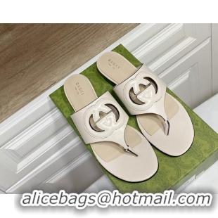 Best Grade Gucci Leather Flat Thong Slide Sandals with Cutout Interlocking G White 05044