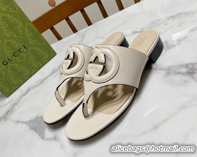 Best Grade Gucci Leather Flat Thong Slide Sandals with Cutout Interlocking G White 05044