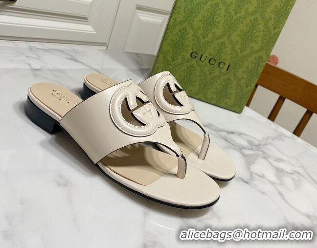 Best Grade Gucci Leather Flat Thong Slide Sandals with Cutout Interlocking G White 05044