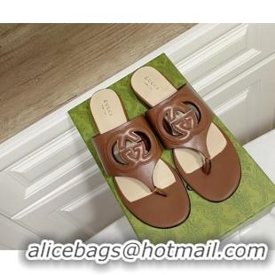 Classic Hot Gucci Leather Flat Thong Slide Sandals with Cutout Interlocking G Brown 05045