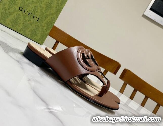 Classic Hot Gucci Leather Flat Thong Slide Sandals with Cutout Interlocking G Brown 05045