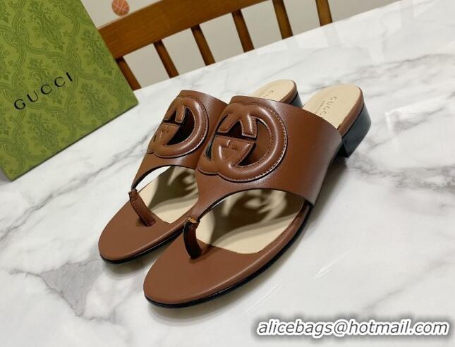 Classic Hot Gucci Leather Flat Thong Slide Sandals with Cutout Interlocking G Brown 05045