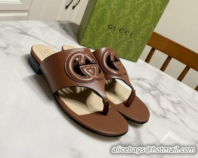 Classic Hot Gucci Leather Flat Thong Slide Sandals with Cutout Interlocking G Brown 05045