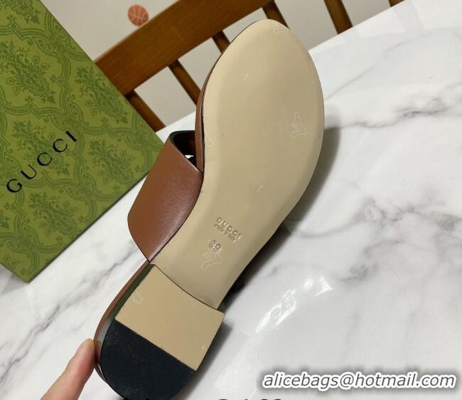 Classic Hot Gucci Leather Flat Thong Slide Sandals with Cutout Interlocking G Brown 05045