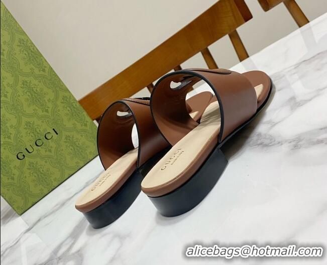 Classic Hot Gucci Leather Flat Thong Slide Sandals with Cutout Interlocking G Brown 05045