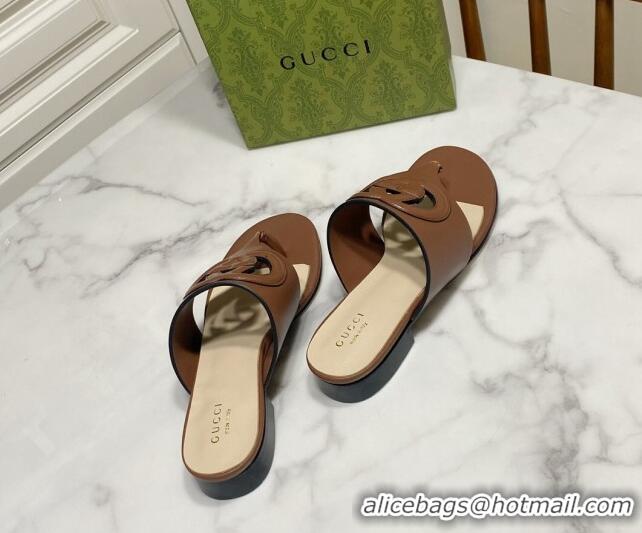 Classic Hot Gucci Leather Flat Thong Slide Sandals with Cutout Interlocking G Brown 05045