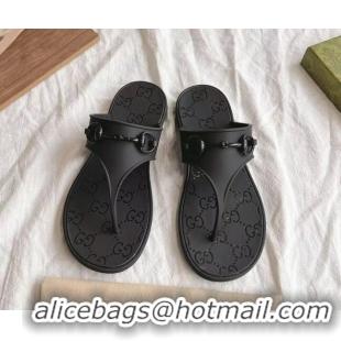 Best Product Gucci Rubber Flat Thong Slide Sandals with Horsebit Black 505045