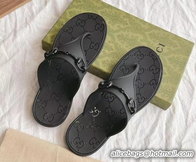 Best Product Gucci Rubber Flat Thong Slide Sandals with Horsebit Black 505045