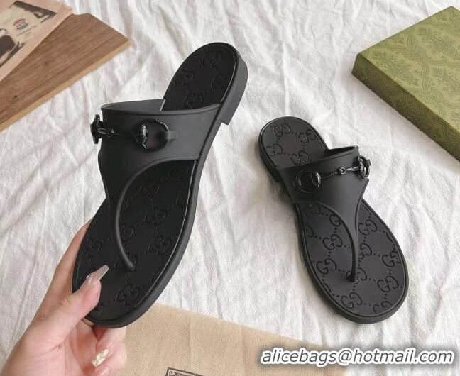 Best Product Gucci Rubber Flat Thong Slide Sandals with Horsebit Black 505045