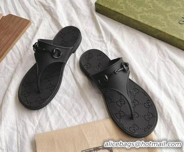 Best Product Gucci Rubber Flat Thong Slide Sandals with Horsebit Black 505045