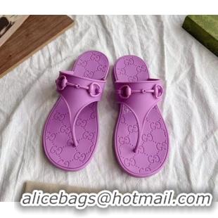 Stylish Gucci Rubber Flat Thong Slide Sandals with Horsebit Purple 05047