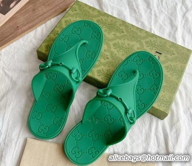 Low Price Gucci Rubber Flat Thong Slide Sandals with Horsebit Green 605048