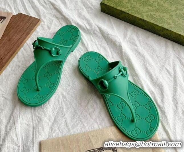 Low Price Gucci Rubber Flat Thong Slide Sandals with Horsebit Green 605048