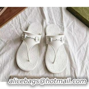 Fashion Gucci Rubber Flat Thong Slide Sandals with Horsebit White 05049