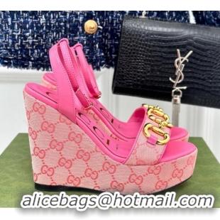 Duplicate Gucci GG Canvas Wedge Sandals 12cm with Horsebit Pink 05050