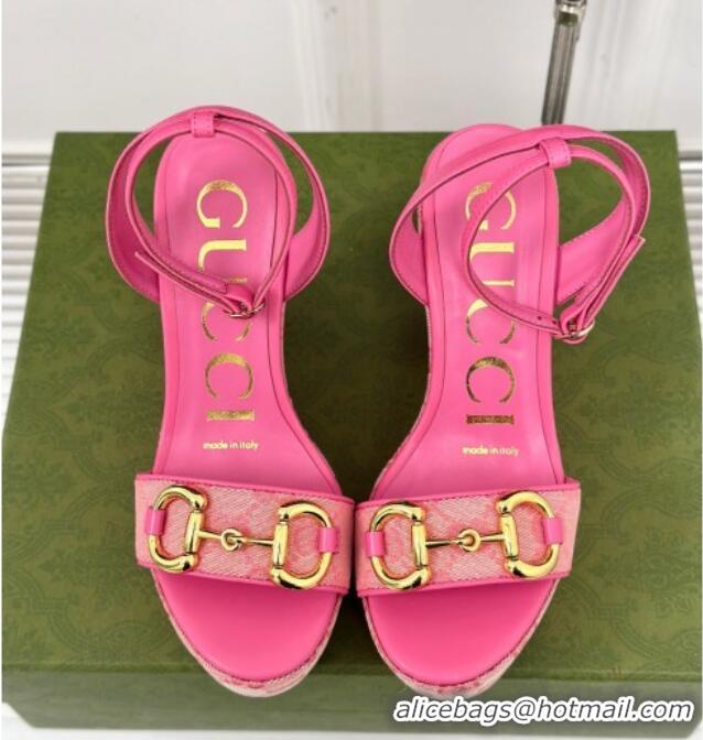 Duplicate Gucci GG Canvas Wedge Sandals 12cm with Horsebit Pink 05050