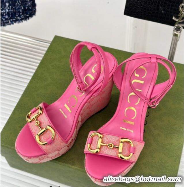 Duplicate Gucci GG Canvas Wedge Sandals 12cm with Horsebit Pink 05050