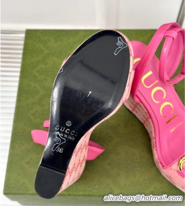 Duplicate Gucci GG Canvas Wedge Sandals 12cm with Horsebit Pink 05050