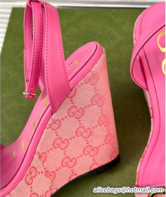 Duplicate Gucci GG Canvas Wedge Sandals 12cm with Horsebit Pink 05050