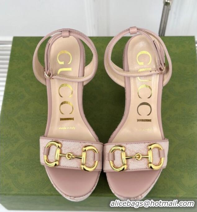 Sumptuous Gucci GG Canvas Wedge Sandals 12cm with Horsebit Nude 05051