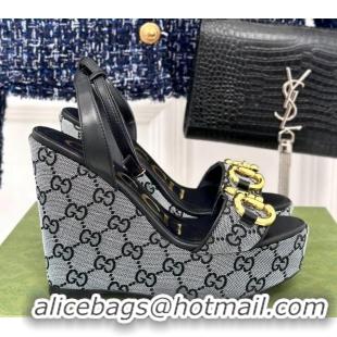 Pretty Style Gucci GG Canvas Wedge Sandals 12cm with Horsebit Grey/Black 05052