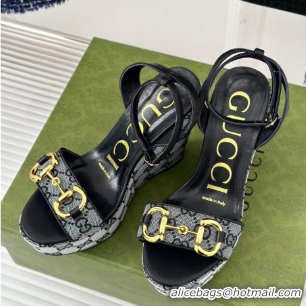 Pretty Style Gucci GG Canvas Wedge Sandals 12cm with Horsebit Grey/Black 05052