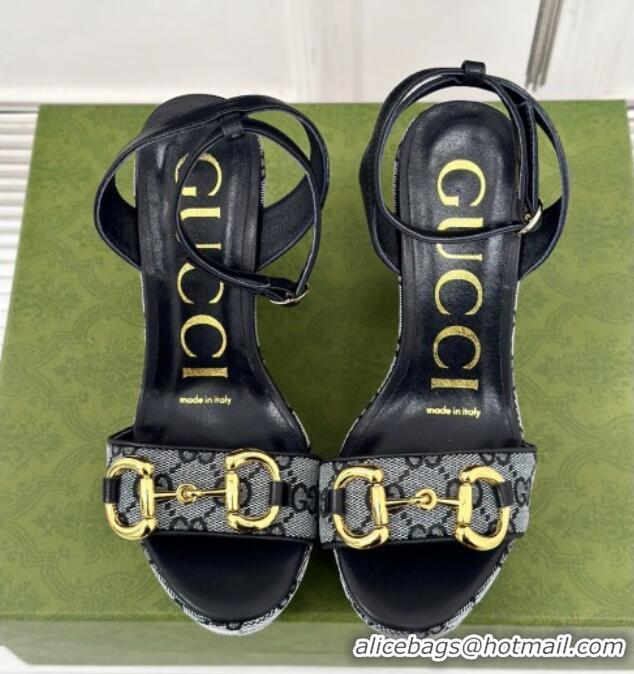 Pretty Style Gucci GG Canvas Wedge Sandals 12cm with Horsebit Grey/Black 05052