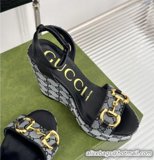 Pretty Style Gucci GG Canvas Wedge Sandals 12cm with Horsebit Grey/Black 05052