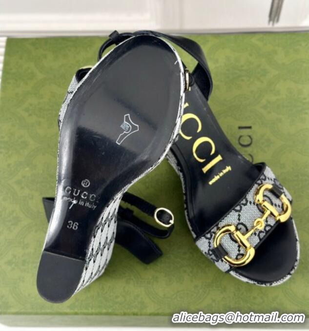 Pretty Style Gucci GG Canvas Wedge Sandals 12cm with Horsebit Grey/Black 05052