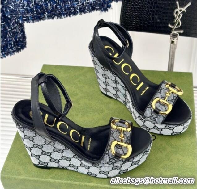 Pretty Style Gucci GG Canvas Wedge Sandals 12cm with Horsebit Grey/Black 05052