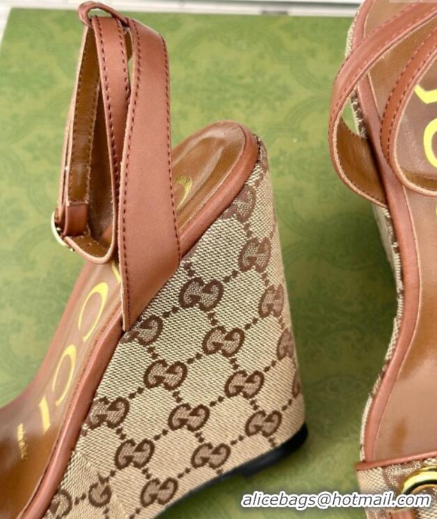 Perfect Gucci GG Canvas Wedge Sandals 12cm with Horsebit Brown 605053