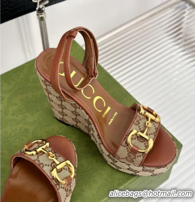 Perfect Gucci GG Canvas Wedge Sandals 12cm with Horsebit Brown 605053