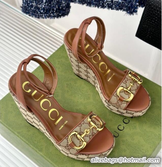 Perfect Gucci GG Canvas Wedge Sandals 12cm with Horsebit Brown 605053