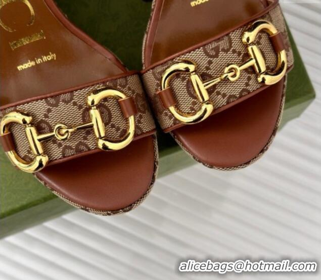 Perfect Gucci GG Canvas Wedge Sandals 12cm with Horsebit Brown 605053