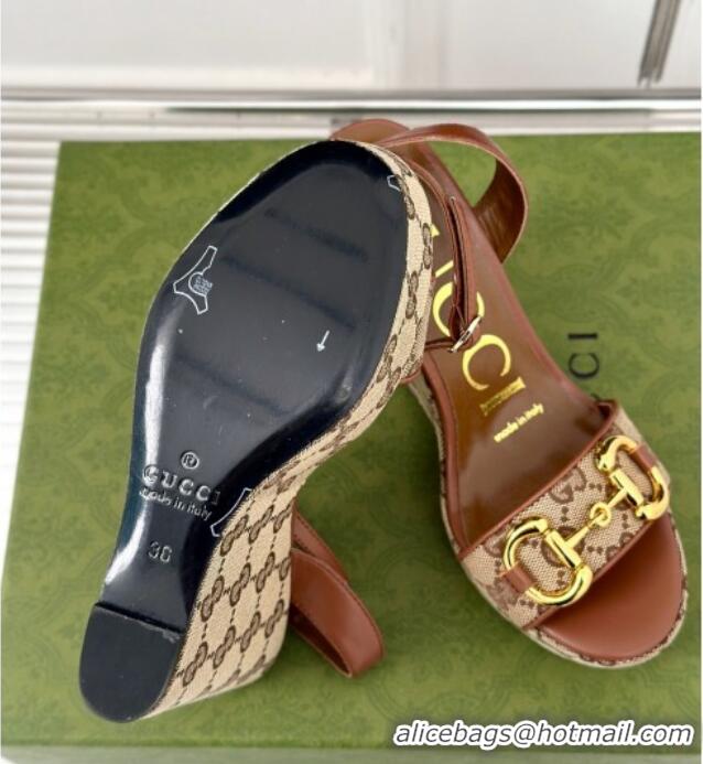 Perfect Gucci GG Canvas Wedge Sandals 12cm with Horsebit Brown 605053