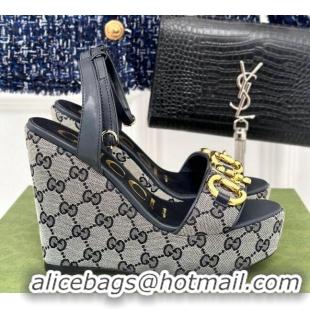 Lower Price Gucci GG Canvas Wedge Sandals 12cm with Horsebit Grey 05054