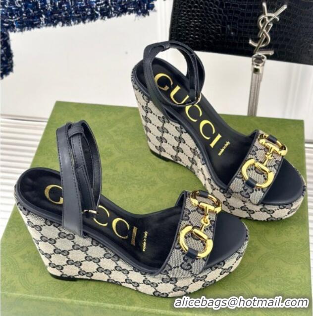 Lower Price Gucci GG Canvas Wedge Sandals 12cm with Horsebit Grey 05054