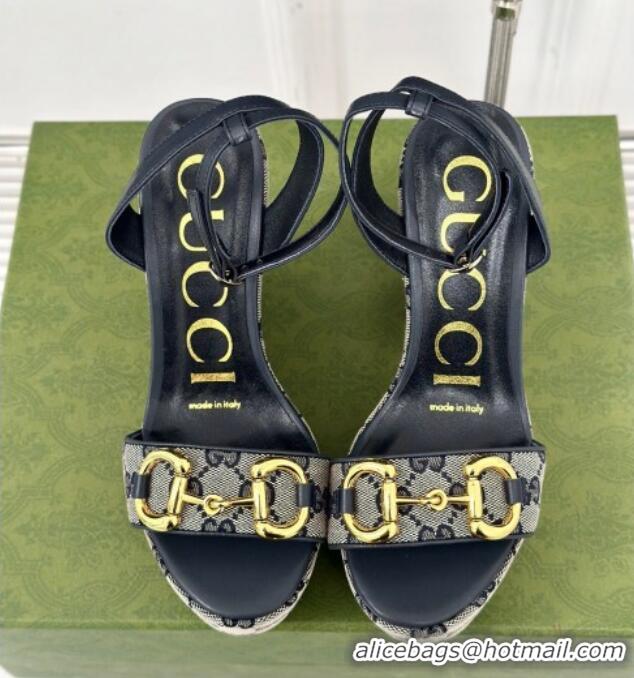 Lower Price Gucci GG Canvas Wedge Sandals 12cm with Horsebit Grey 05054